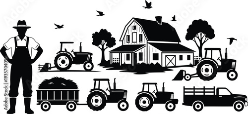 Farm scene with tractor farmer and rural landscape