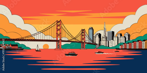San Francisco Skyline Sunset – Warm Orange Gradient Over Bay, Ultra‑Wide Flat Vector Banner, Iconic California Cityscape, United States
