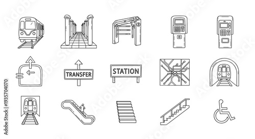 A collection of black-and-white line drawings illustrating various transportation and infrastructure elements on transparent background