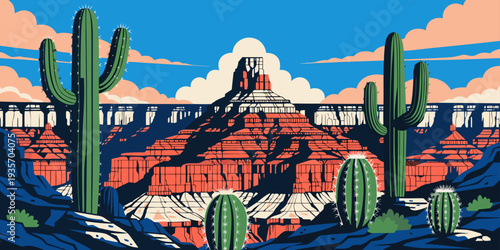 Arizona Desert Cactus View – Foreground Saguaro with Grand Canyon Backdrop, Ultra‑Wide Panoramic Vector Scene, Iconic Southwest Landscape, United States
