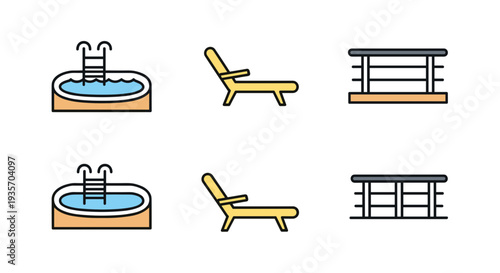 A set of outdoor furniture and a hot tub on a deck with a transparent background