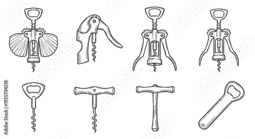 A collection of corkscrews and bottle openers arranged on transparent background