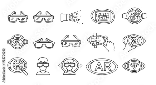 A collection of line art icons representing augmented reality technology on transparent background