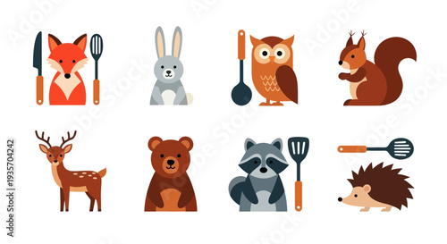Cartoon forest animals with kitchen utensils