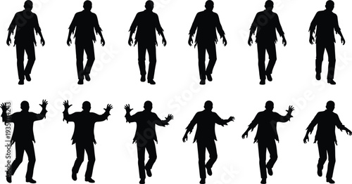Collection of walking and dancing man silhouettes showing motion sequence, human body poses and gestures isolated on white for design, animation, infographic and stock use