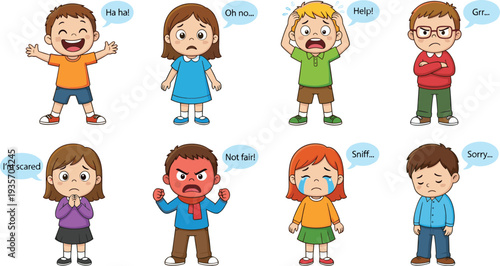 Cute cartoon children expressing different emotions with speech bubbles happy sad angry scared crying frustrated characters for kids education emotional learning illustration set