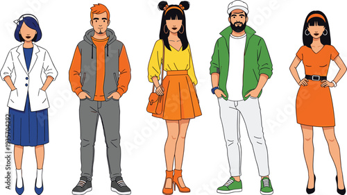 Five cartoon people in different outfits and poses diverse group fashion clothing