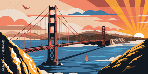 Golden Gate Bridge Sunrise – Soft Fog Over Water, Ultra‑Wide Panoramic Flat Vector Scene, Iconic San Francisco Landmark, United States