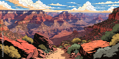 Grand Canyon Hiking Trail Viewpoint – Foreground Trail Overlooking Layered Cliffs, Ultra‑Wide Panoramic Flat Vector Landscape, Iconic Southwest Wonder, United States
