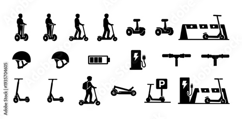 Electric Scooter Micromobility Silhouette Icon Set – Urban Mobility, Charging Station, Helmet, Battery and Scooter Transport Icons