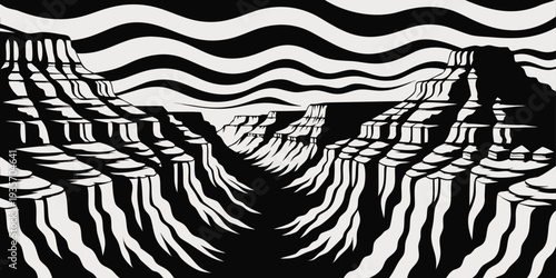 Minimal Grand Canyon Silhouette – Layered Cliff Forms, Clean Ultra‑Wide Vector Design, Iconic Southwest Desert Landscape, United States