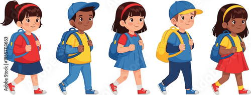 Children walking with backpacks kids school