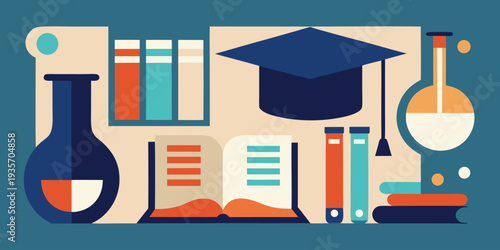 Colorful illustration representing education with books flasks and a graduation cap
