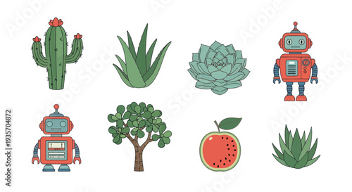 Cartoon plants and robot illustrations