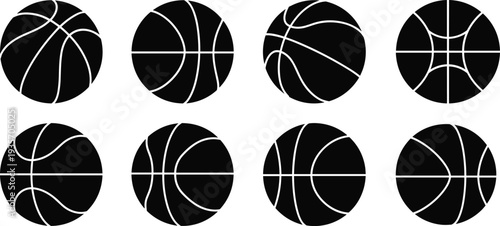 WebBlack basketball icon vector illustration set, stylized ball drawings, sports design artwork, athletic graphic concept, game equipment silhouette, decorative