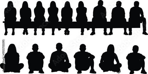 Black silhouettes of people sitting on a bench and on the ground