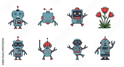 Cartoon robots set on white background