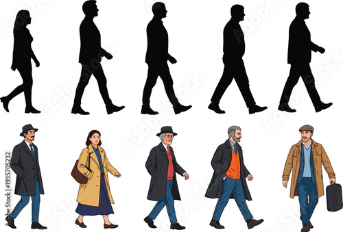 People walking silhouettes and colorful women