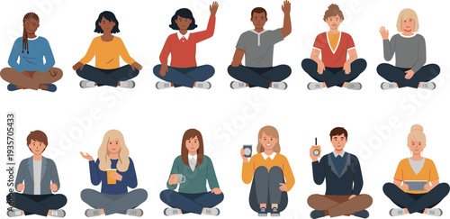 Diverse people sitting in lotus position with various expressions and actions meditation