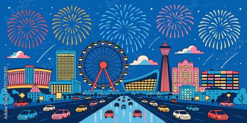 Las Vegas Fireworks Night Celebration – Explosive Skyline Glow, Ultra‑Wide Vector Illustration, Iconic Nevada Strip Festive Scene, United States