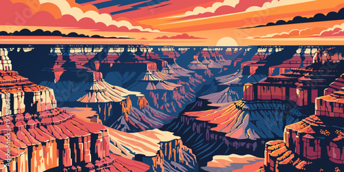 Grand Canyon Sunset – Dramatic Shadows Across Canyon Walls, Ultra‑Wide Panoramic Flat Vector Landscape, Iconic Southwest Natural Wonder, United States