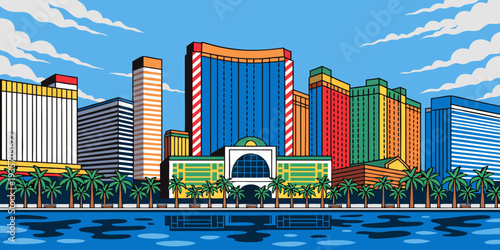 Luxury Las Vegas Resort Skyline – Palm Tree Silhouettes, Ultra‑Wide Panoramic Flat Vector Banner, Elegant Desert Cityscape, United States