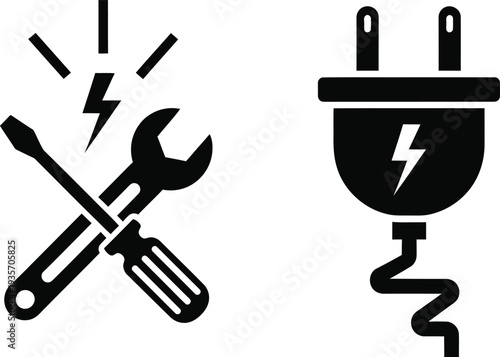 Electrical shock warning symbols with tools and plug