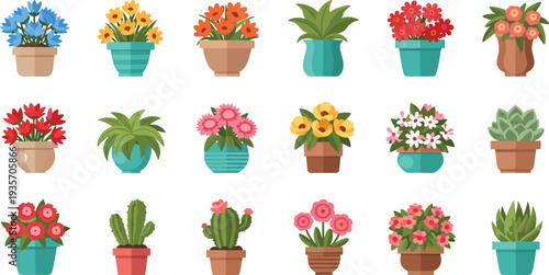 Colorful Potted Flower Plants Collection with Roses Daisies Succulents and Decorative Indoor Garden Flowers Flat Vector Illustration Set.