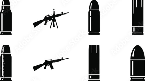 Icon set of bullets and guns ammunition and firearm symbols
