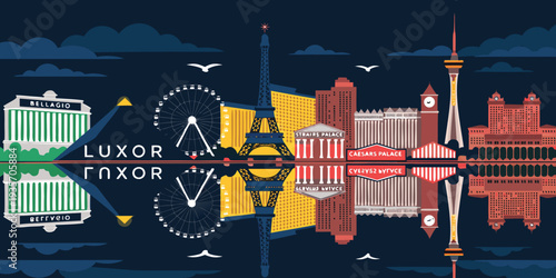 Las Vegas Strip at Night – Neon Lights Glowing, Casino Skyline Reflections, Ultra‑Wide Panoramic Flat Vector Cityscape, Iconic Nevada Landmark, United States