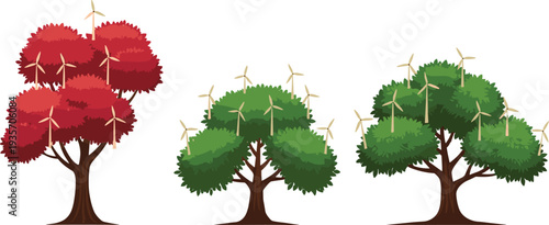 Creative eco energy trees illustration with wind turbine blades, renewable power concept, green nature design, sustainability vector art for environmental conservation