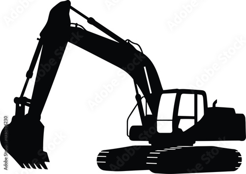 Minimal vector silhouette, excavator digging with bucket extended, solid black, isolated on white.