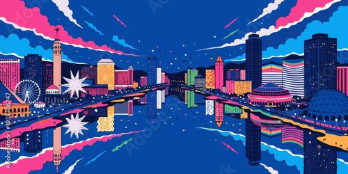 Las Vegas Strip Aerial Night Lights – Vibrant Reflections Panorama, Clean Vector Style, Iconic Nevada Cityscape, United States