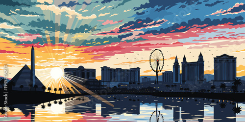 Las Vegas Skyline Golden Hour – Luxury Hotel Silhouettes, Panoramic Vector Illustration, Iconic Nevada Desert Cityscape, United States