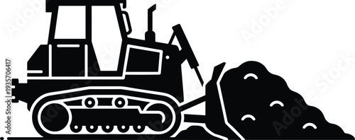 Minimal vector silhouette, excavator digging with bucket extended, solid black, isolated on white.