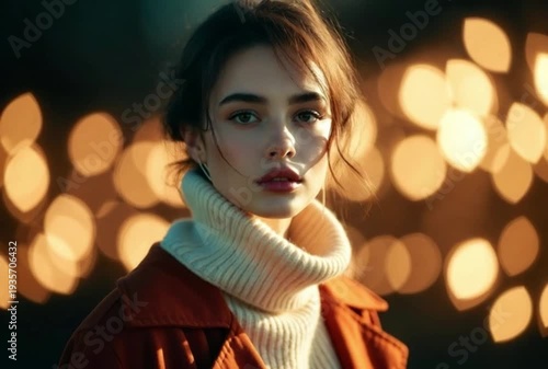 A beautiful fashion model with glamour makeup and holiday hair enjoys a winter celebration at a night club party filled with lights and a smiling lady lifestyle