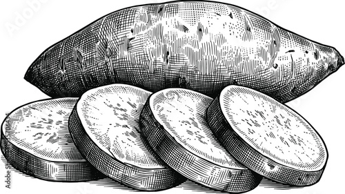 Fresh sweet potato with four sliced pieces isolated on transparent background