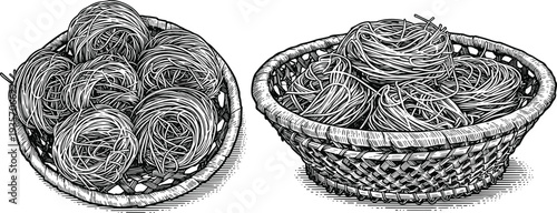 A basket of dry noodles from top view and side view illustration