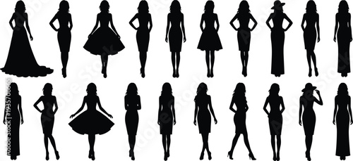 Elegant Women Fashion Silhouettes Collection Featuring Female Models in Stylish Dresses and Poses, Runway Inspired Fashion Figures for Design, Illustration, Beauty, Clothing, and Glamour Concepts