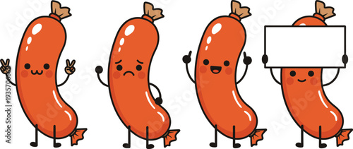 Cute sausage character set with different emotions and blank sign cartoon hot dog mascot