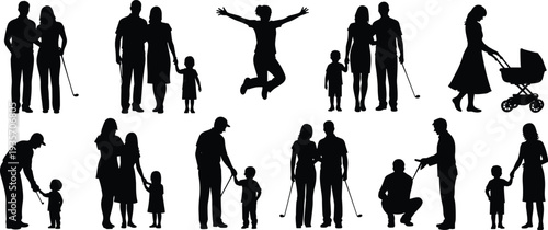 Family life silhouette collection showing parents, children, baby stroller, walking stick, and joyful child jumping, representing parenting, childhood, generations, caregiving, and everyday family 
