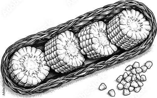 Four corn cobs and kernels in a woven basket vintage engraving illustration