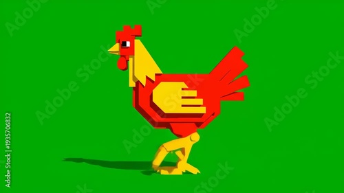 Animated Low Poly Rooster Walking on Green Background