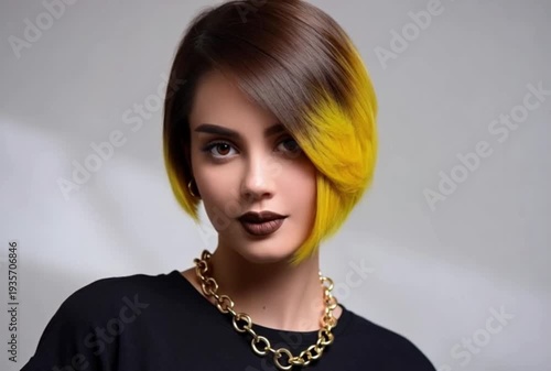 Elegant brunette fashion model with glamour makeup and luxury jewelry necklace posing in a studio for a beauty portrait focused on her lips and eyes