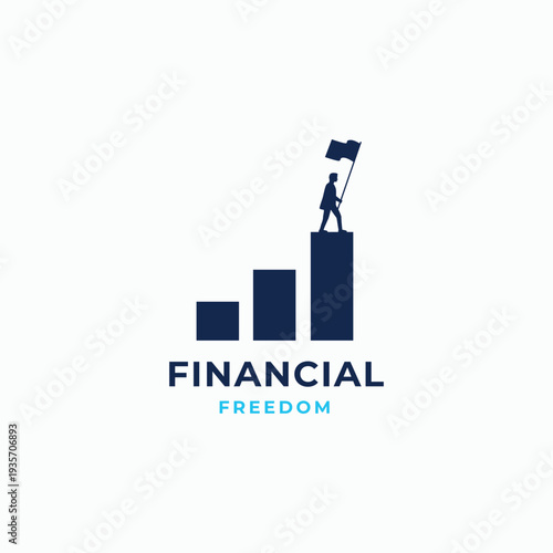 Financial freedom logo design concept. Silhouette of a man holding flag on top of investment chart symbol logo