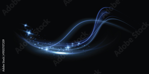 Blue, wave, wind, light, line glowing curved PNG with transparent trail and bright speed effect. PNG Overlay for vortex, futuristic light and dynamic energy visuals.