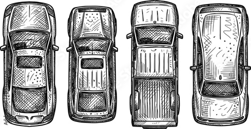 Set of top view hand drawn car vehicle illustrations on blank background for designs