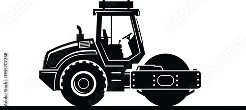 Black and white illustration of a road roller construction vehicle
