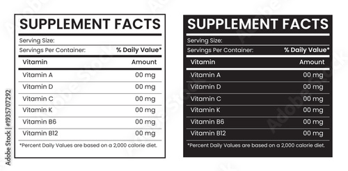 Supplement Facts Vitamin Daily Value Chart Editable Label Template, Vitamin Daily Value Supplement Label Clean Tabular Layout