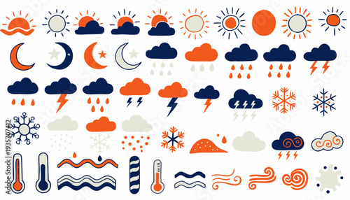 Detailed collection of hand drawn weather icons including sun moon clouds rain lightning snow and thermometers for predictions. vector
